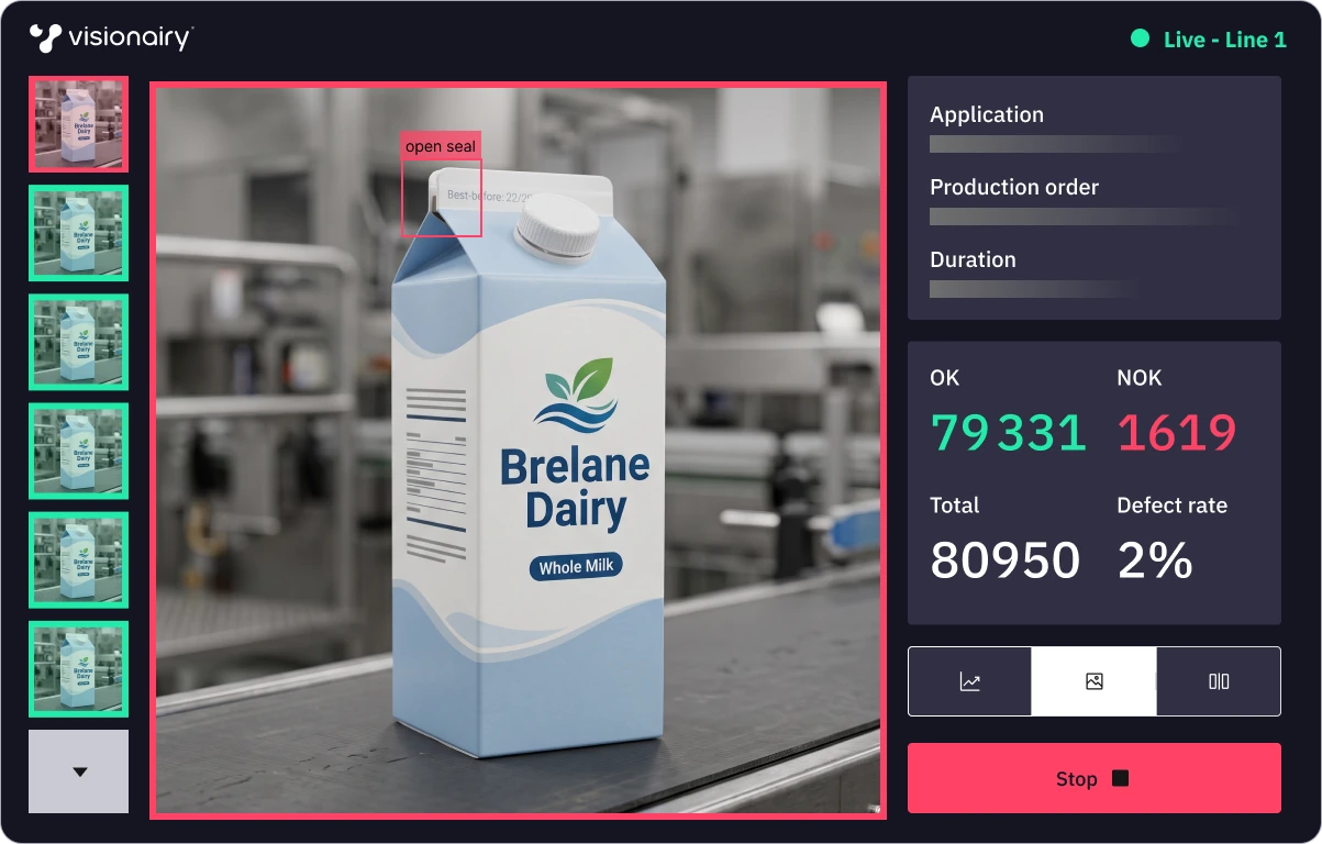 Illustration of the Visionairy interface detecting an open seal on a milk carton on a dairy production line